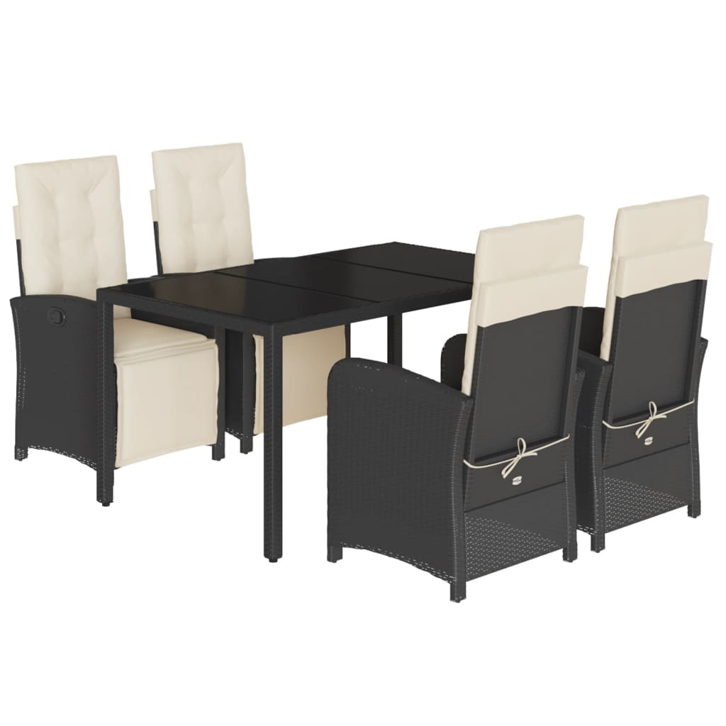 5 Piece Black Poly Rattan Garden Dining Set with Cushions