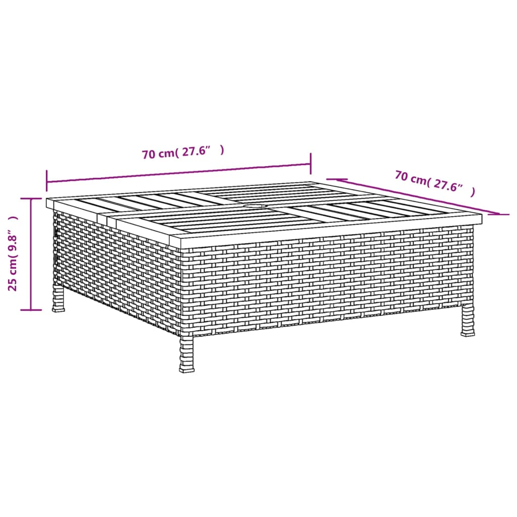 Grey Rattan and Acacia Wood Garden Table 70x70x25 cm