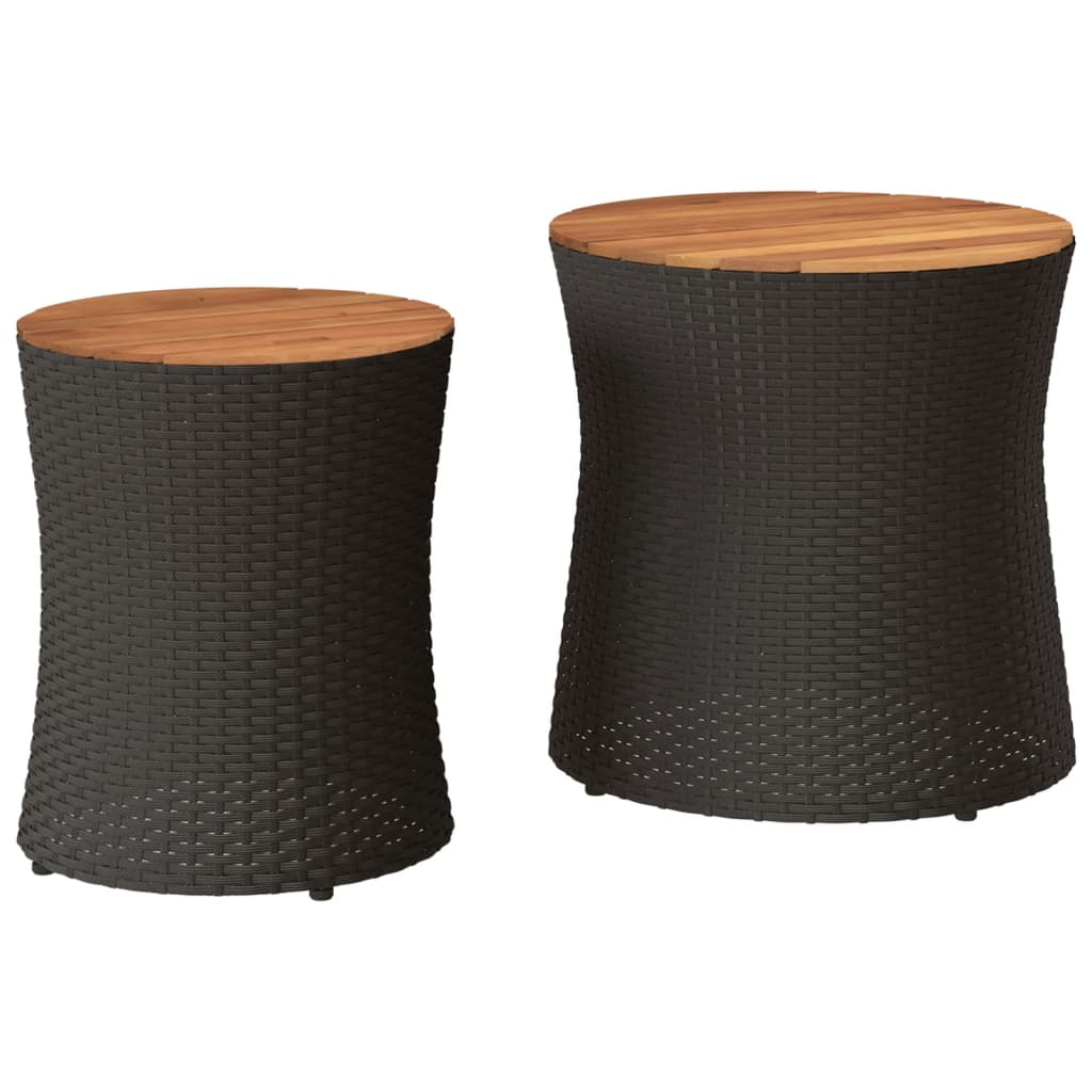 Black Poly Rattan Garden Side Tables 2 pcs with Wooden Top 