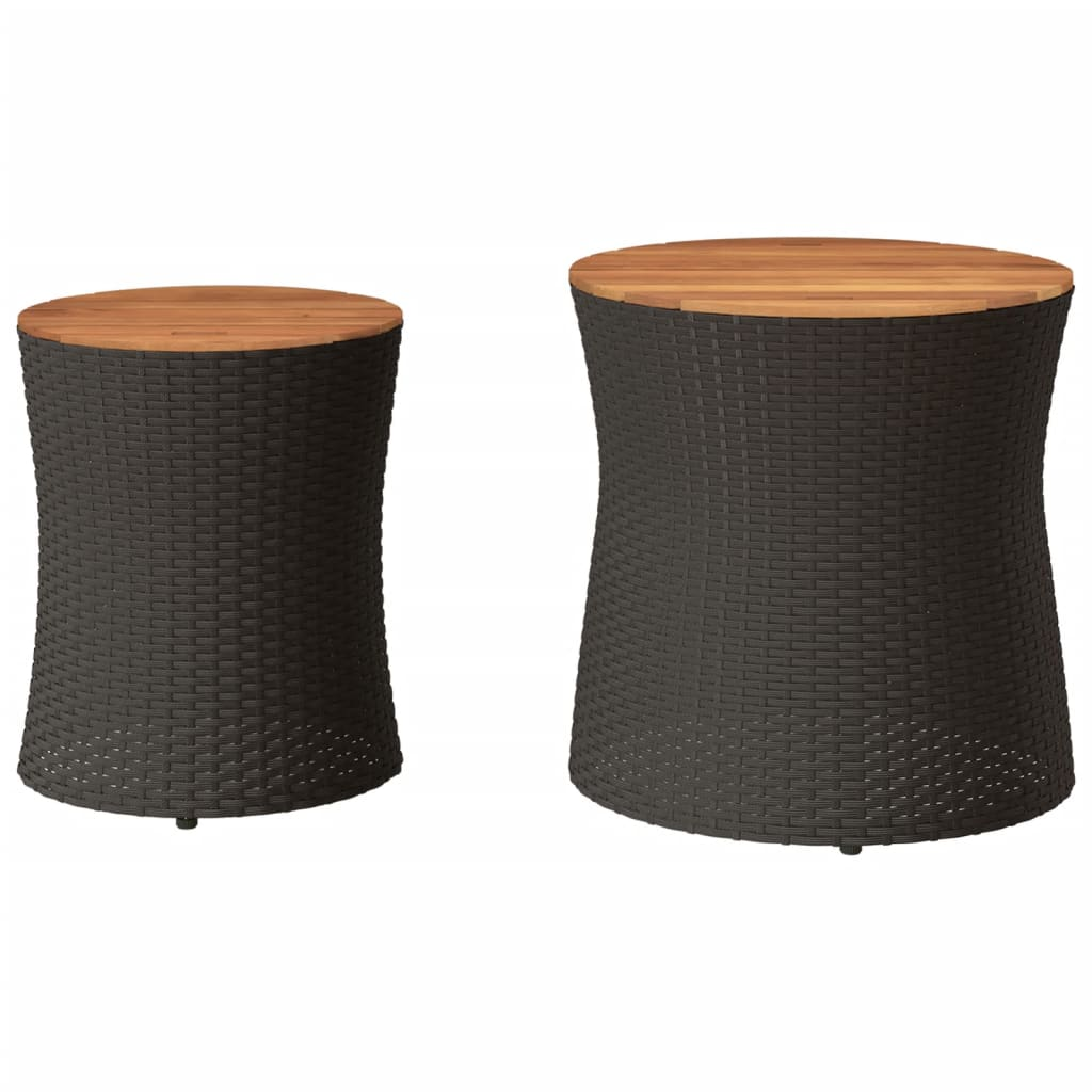 Black Poly Rattan Garden Side Tables 2 pcs with Wooden Top 