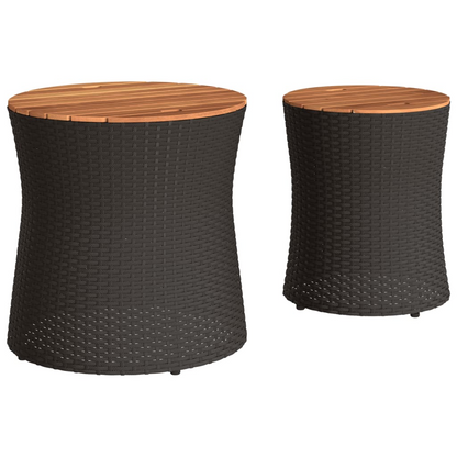 Black Poly Rattan Garden Side Tables 2 pcs with Wooden Top 