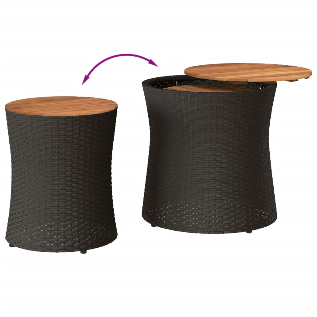 Black Poly Rattan Garden Side Tables 2 pcs with Wooden Top 