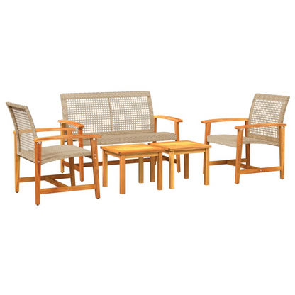  5 Piece Beige Poly Rattan and Acacia Wood Garden Lounge Set