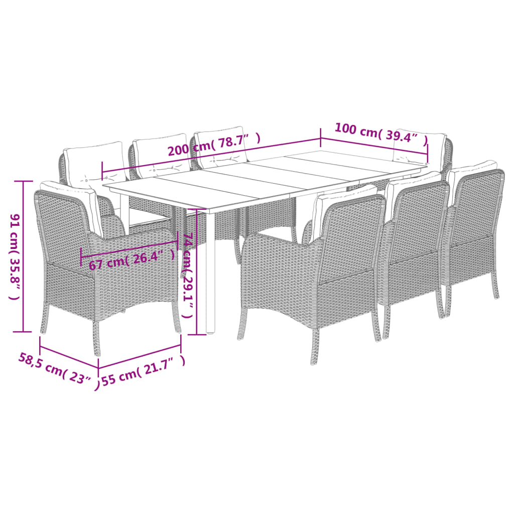 9 Piece Grey Poly Rattan Garden Dining Set with Cushions