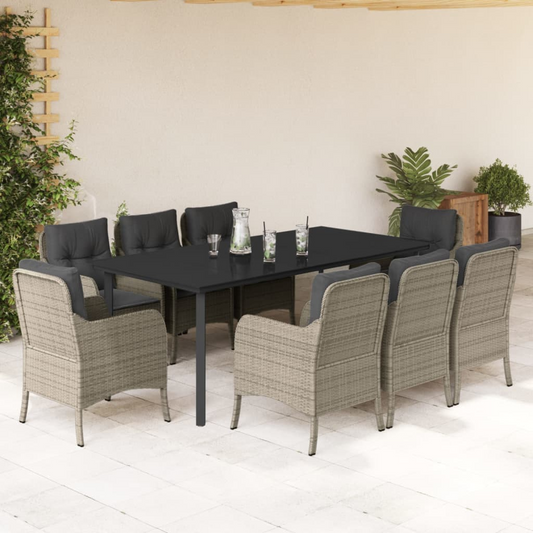 9 Piece Light Grey Poly Rattan Garden Dining Set with Cushions