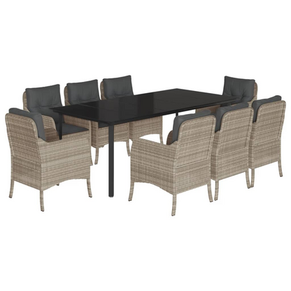 9 Piece Light Grey Poly Rattan Garden Dining Set with Cushions