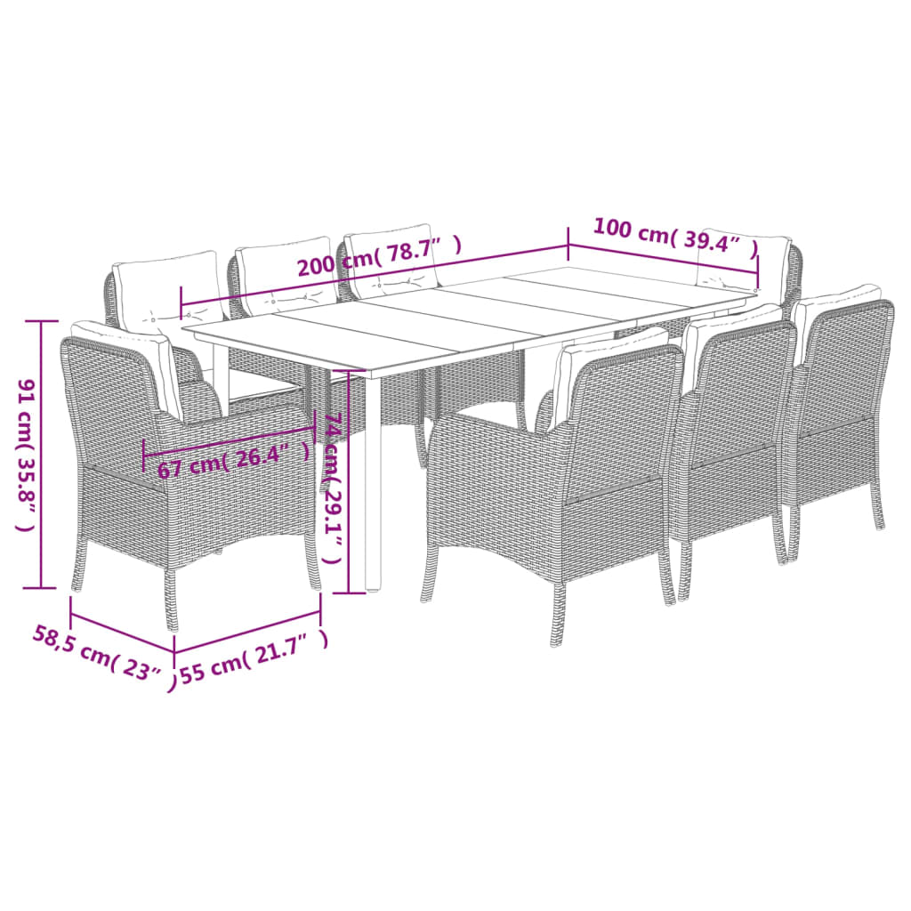 9 Piece Light Grey Poly Rattan Garden Dining Set with Cushions