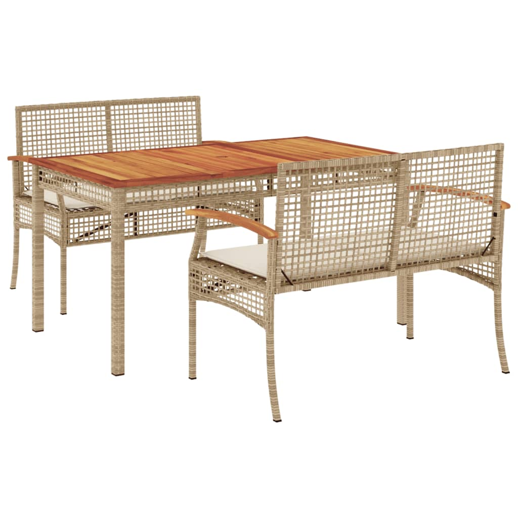 3 Piece Beige Poly Rattan Garden Dining Set with Cushions