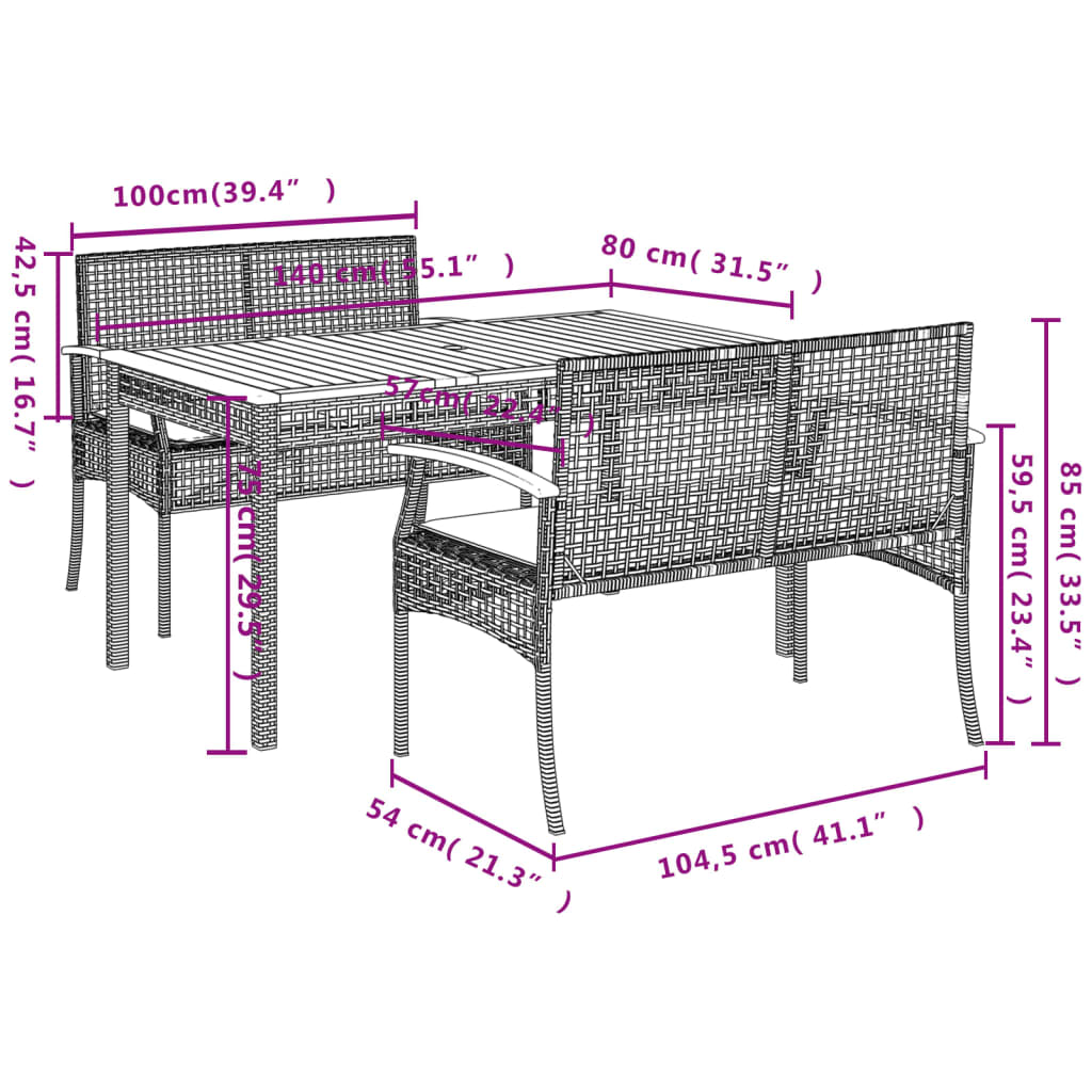 3 Piece Beige Poly Rattan Garden Dining Set with Cushions