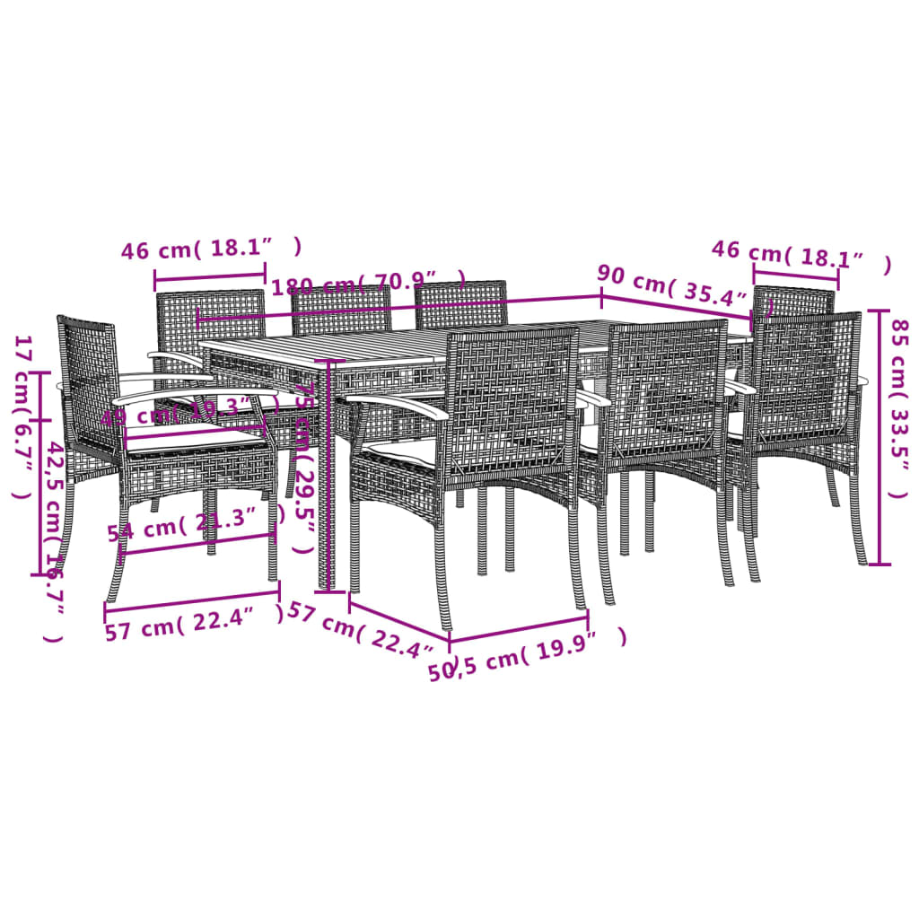 9 Piece Grey Poly Rattan Garden Dining Set with Cushions