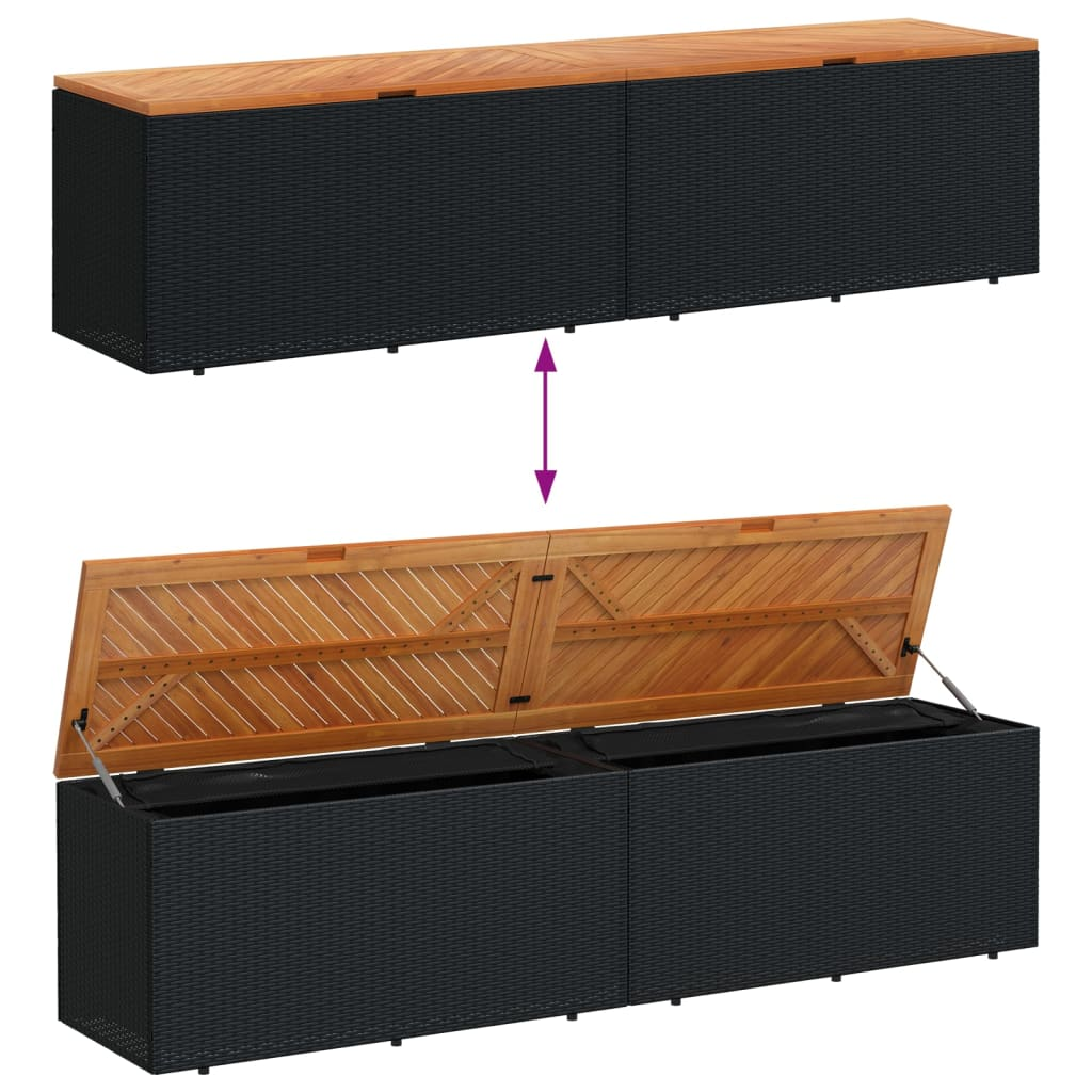  Black Poly Rattan & Acacia Wood Garden Storage Box 220x50x54 cm