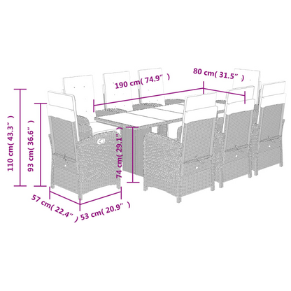 Light Grey Poly Rattan 9 Piece Garden Dining Set with Cushions