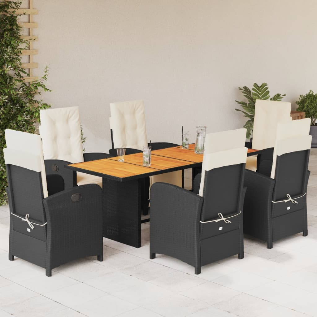  7 Piece Black Poly Rattan Garden Dining Set with Cushions