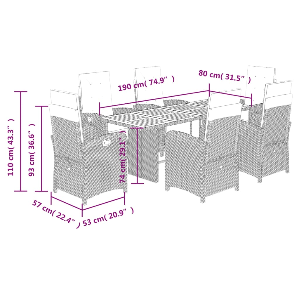  7 Piece Black Poly Rattan Garden Dining Set with Cushions