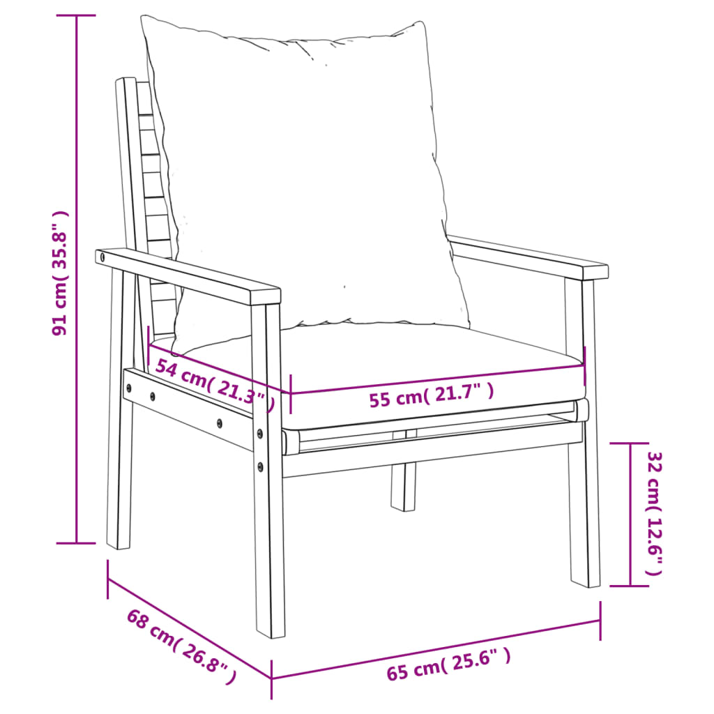 Solid Acacia Wood Garden Sofa Chair 2pcs with Cushion 