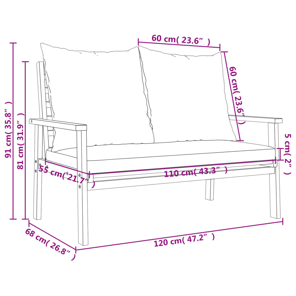  Solid Acacia Wood Garden Sofa Bench 120 cm with Cushion