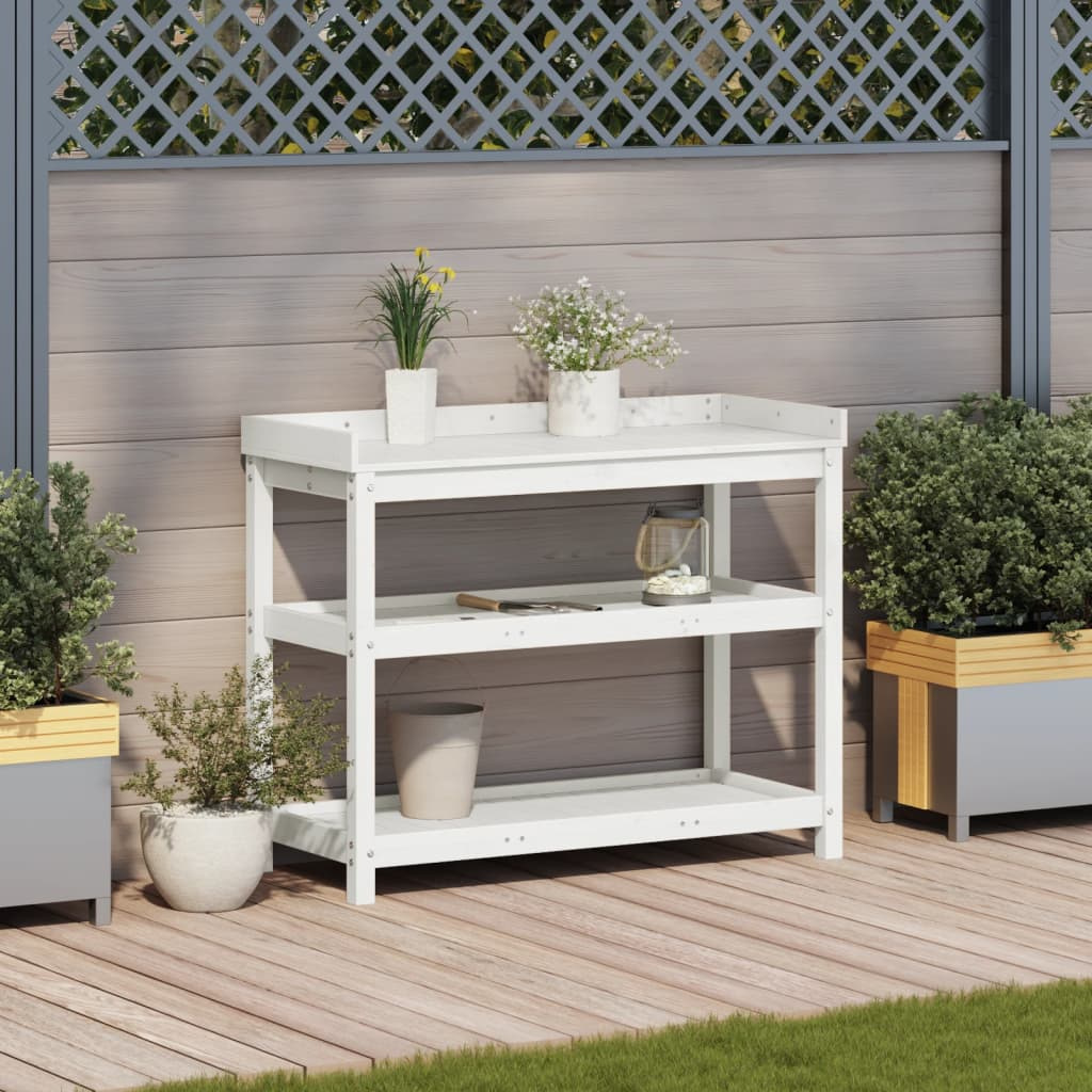 Potting Table with Shelves- White 