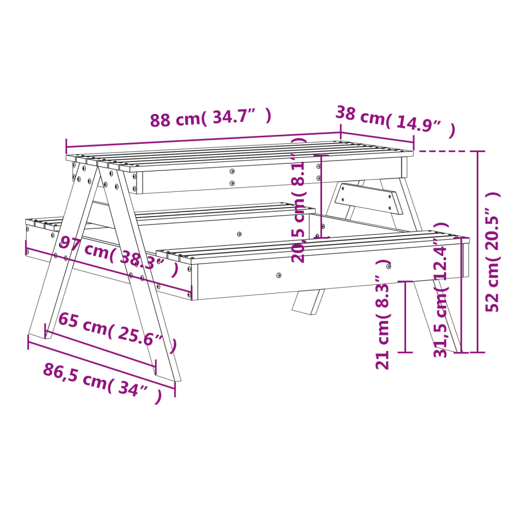  Wax Brown Picnic Table for Kids 88x97x52 cm