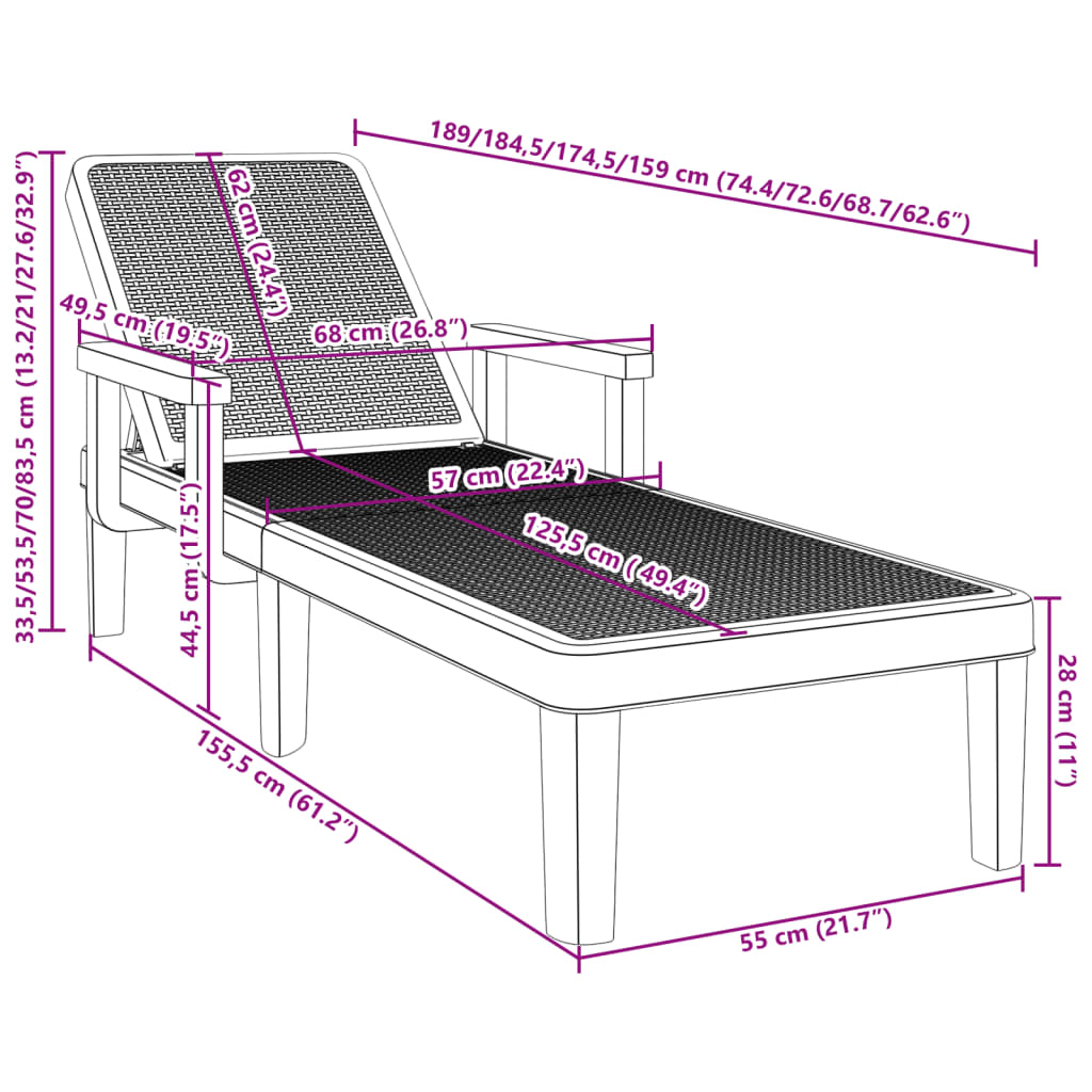  4-Way Height Adjustable Sun Lounger 155.5x57x28 cm