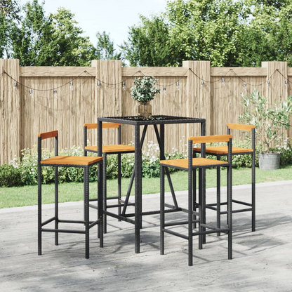 5 Piece Black Poly Rattan & Solid Acacia Wood Garden Bar Set