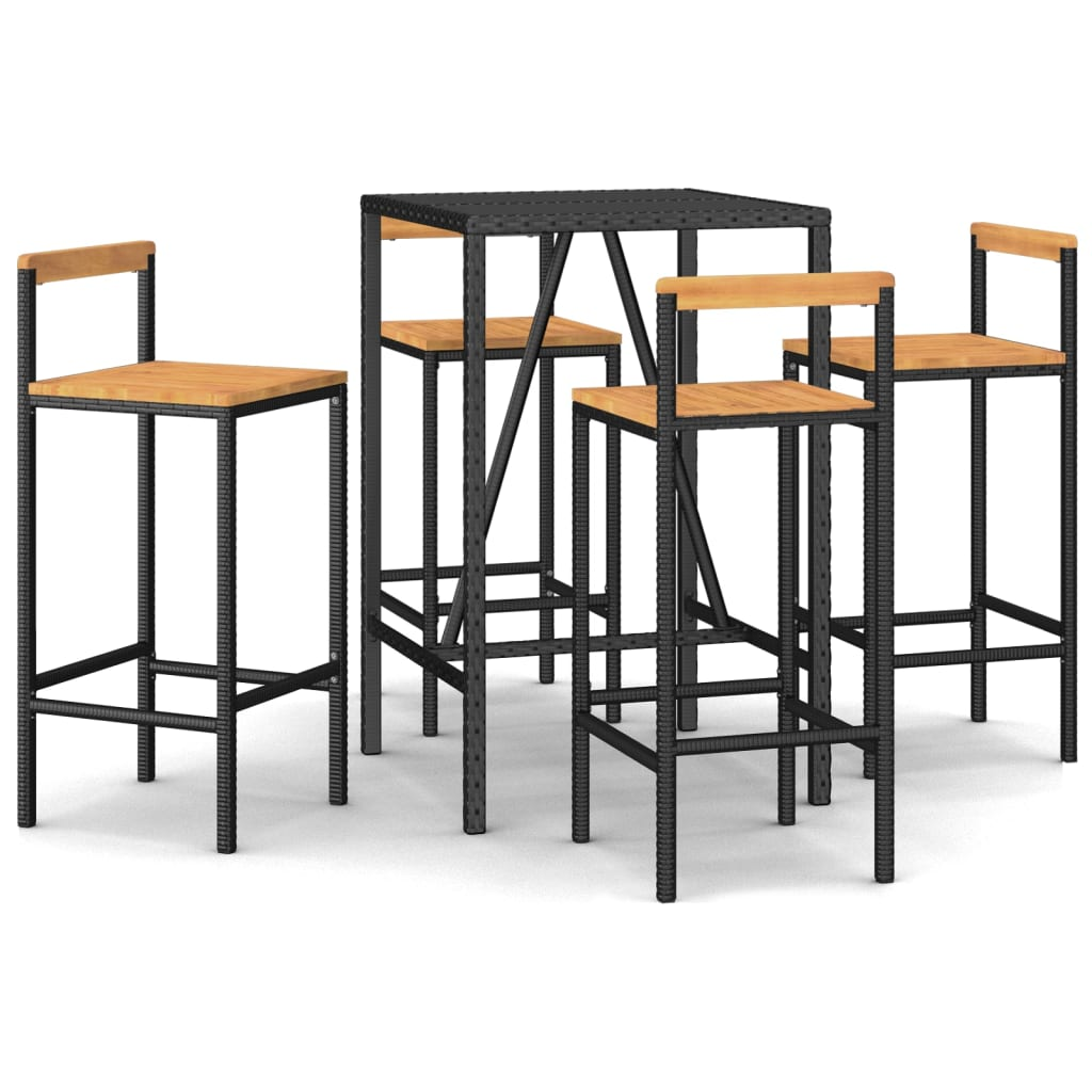 5 Piece Black Poly Rattan & Solid Acacia Wood Garden Bar Set