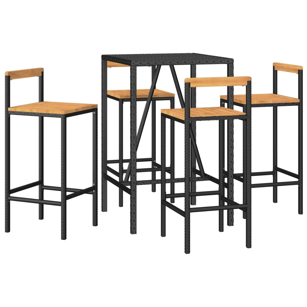 5 Piece Black Poly Rattan & Solid Acacia Wood Garden Bar Set