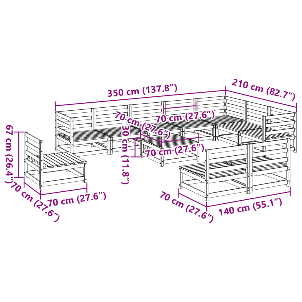 11 Piece Solid Douglas Fir Wood Garden Sofa Set