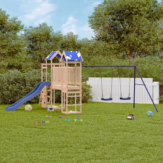 Solid Wood Pine (2 towers & 1 bridge, 1 slide, 2 swings, rock climing wall) 498.5 x 332 x 215 cm (L x W x H)