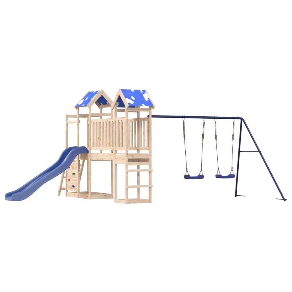 Solid Wood Pine (2 towers & 1 bridge, 1 slide, 2 swings, rock climing wall) 498.5 x 332 x 215 cm (L x W x H)