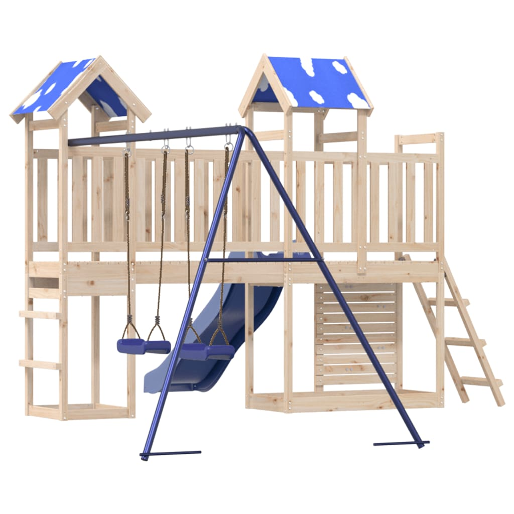 Solid Wood Pine (2 towers & 1 bridge, 1 slide, 2 swings, rock climing wall) 498.5 x 332 x 215 cm (L x W x H)