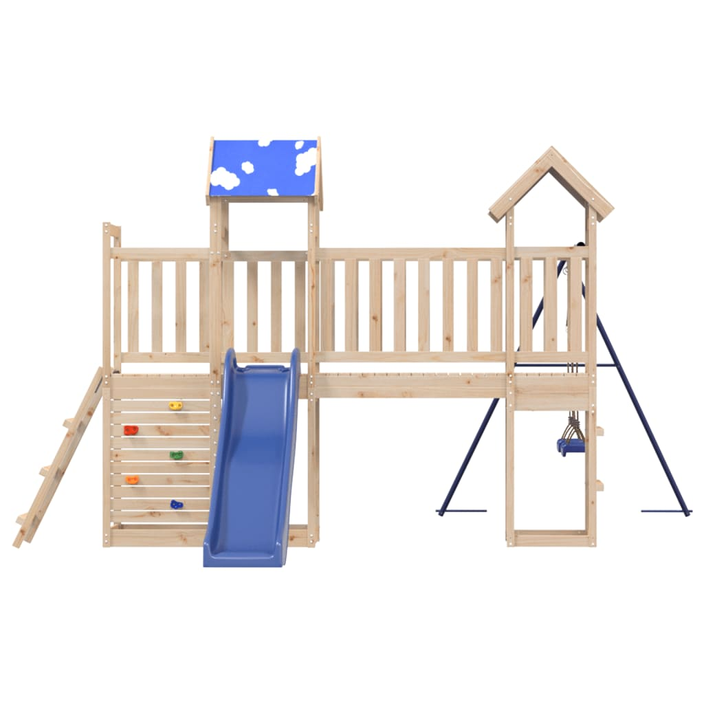 Solid Wood Pine (2 towers & 1 bridge, 1 slide, 2 swings, rock climing wall) 498.5 x 332 x 215 cm (L x W x H)