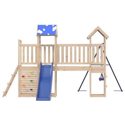 Solid Wood Pine (2 towers & 1 bridge, 1 slide, 2 swings, rock climing wall) 498.5 x 332 x 215 cm (L x W x H)