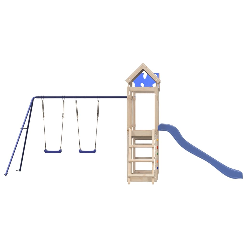 Solid Wood Pine (2 towers & 1 bridge, 1 slide, 2 swings, rock climing wall) 498.5 x 332 x 215 cm (L x W x H)