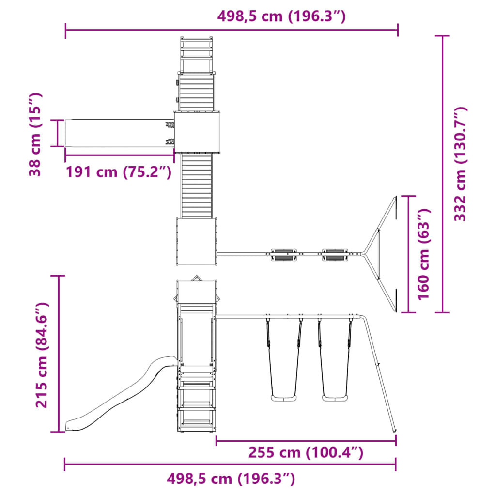 Solid Wood Pine (2 towers & 1 bridge, 1 slide, 2 swings, rock climing wall) 498.5 x 332 x 215 cm (L x W x H)