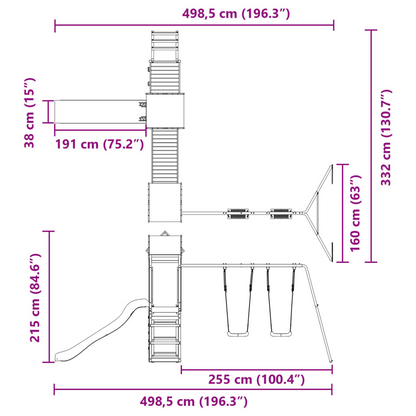 Solid Wood Pine (2 towers & 1 bridge, 1 slide, 2 swings, rock climing wall) 498.5 x 332 x 215 cm (L x W x H)