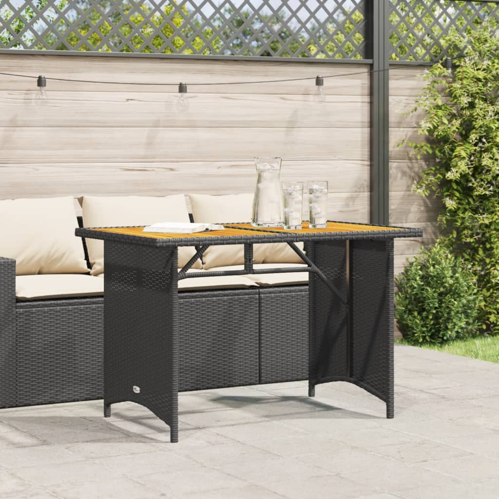  Black Poly Rattan Garden Table with Wooden Top 110x68x70 cm