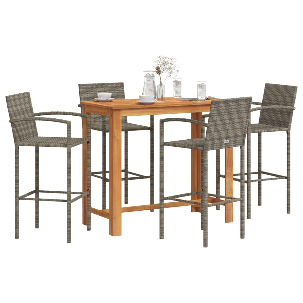  5 Piece Grey Solid Acacia Wood and Poly Rattan Garden Bar Set