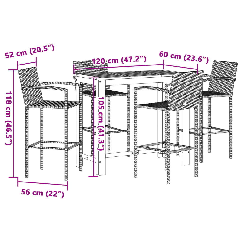  5 Piece Grey Solid Acacia Wood and Poly Rattan Garden Bar Set