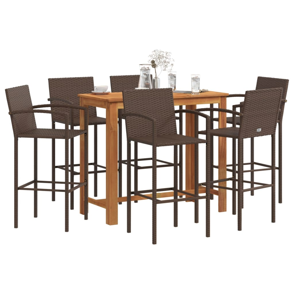  7 Piece Brown Solid Acacia Wood and Poly Rattan Garden Bar Set 