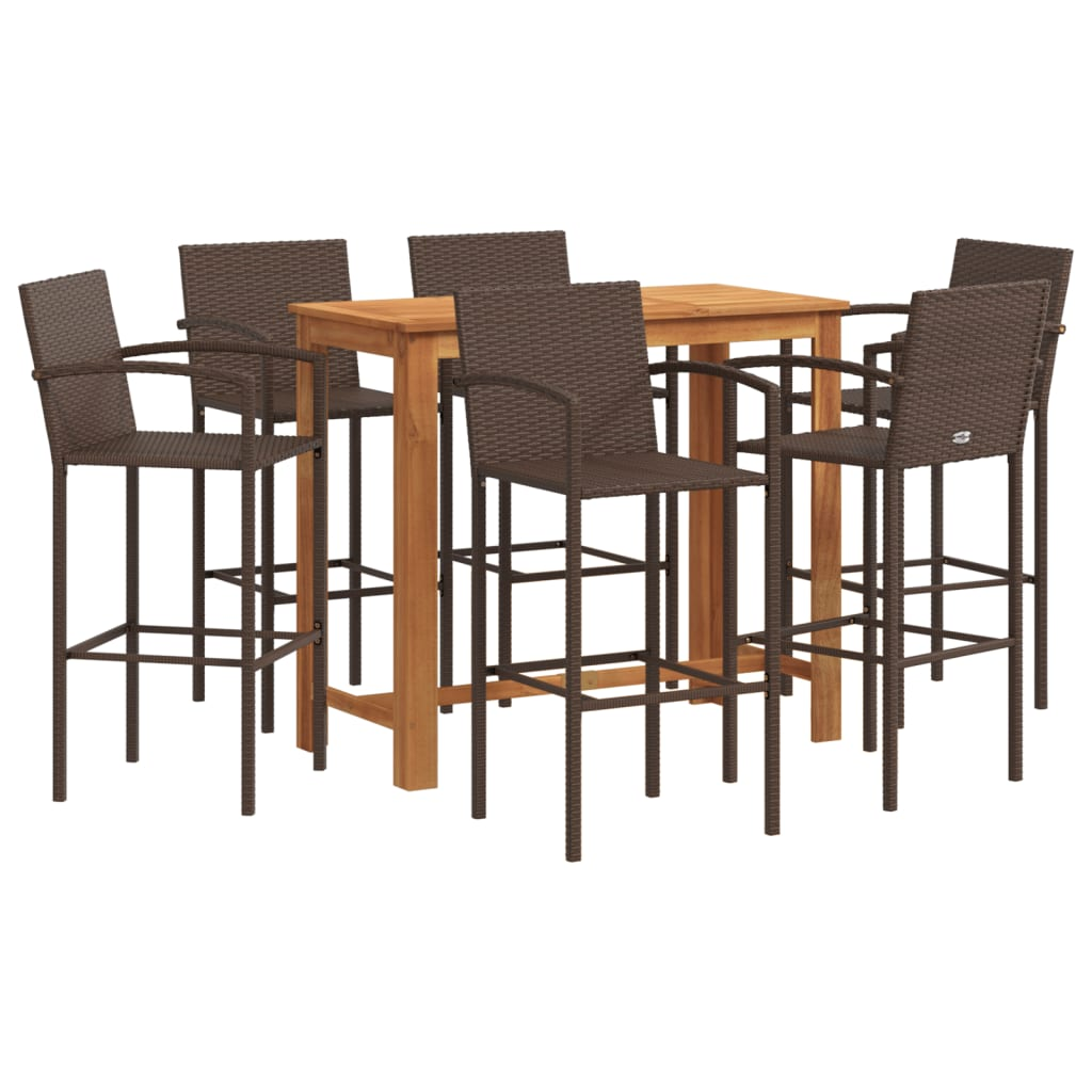  7 Piece Brown Solid Acacia Wood and Poly Rattan Garden Bar Set 