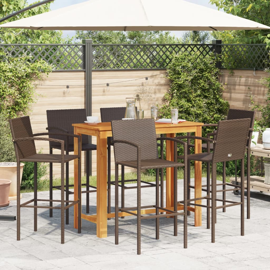  7 Piece Brown Solid Acacia Wood and Poly Rattan Garden Bar Set 