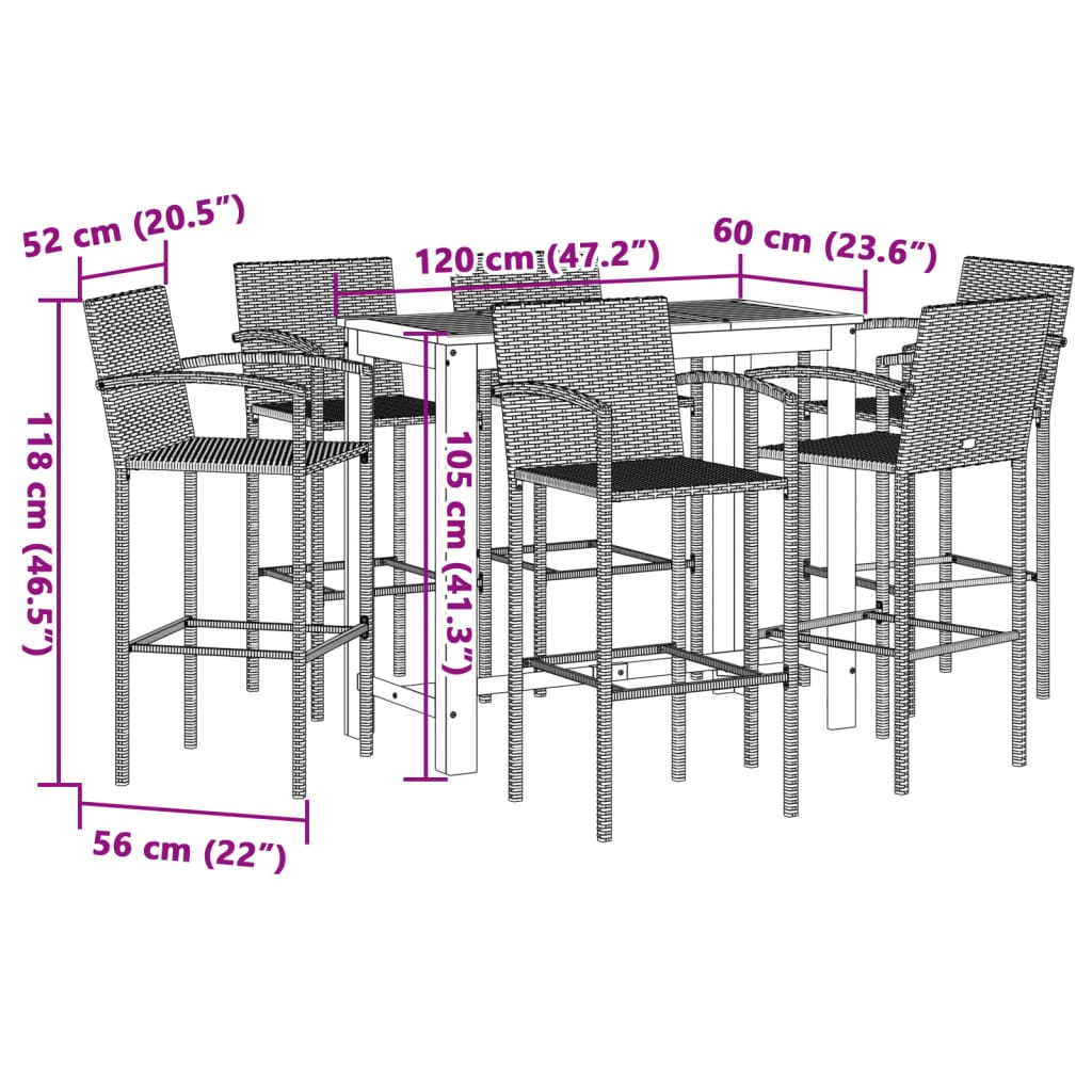  7 Piece Brown Solid Acacia Wood and Poly Rattan Garden Bar Set 