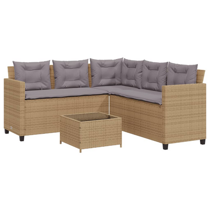 Beige Poly Rattan Garden Sofa with Table and Cushions L-Shaped