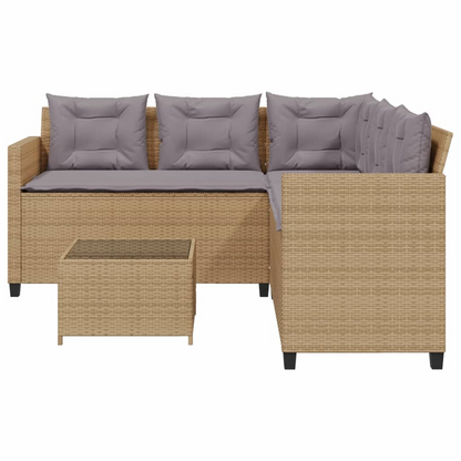 Beige Poly Rattan Garden Sofa with Table and Cushions L-Shaped