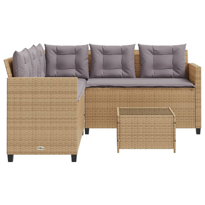 Beige Poly Rattan Garden Sofa with Table and Cushions L-Shaped