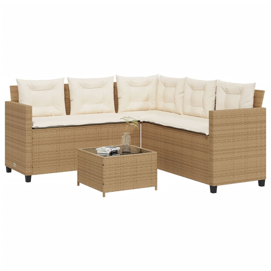 Beige Poly Rattan Garden Sofa with Table and Cushions L-Shaped