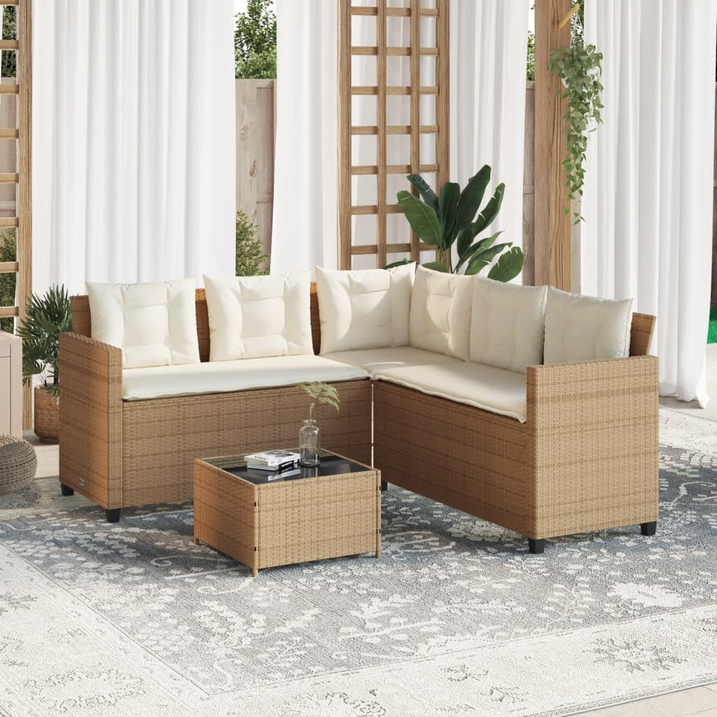 Beige Poly Rattan Garden Sofa with Table and Cushions L-Shaped