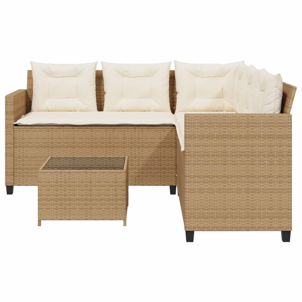 Beige Poly Rattan Garden Sofa with Table and Cushions L-Shaped