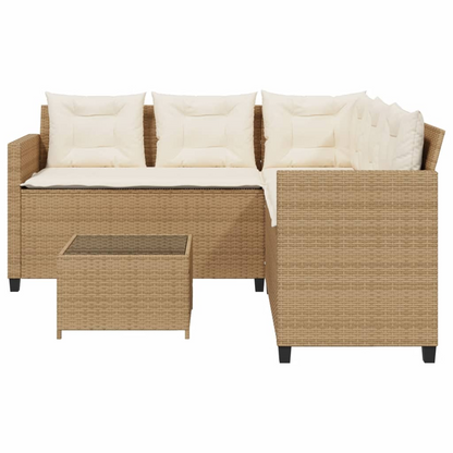 Beige Poly Rattan Garden Sofa with Table and Cushions L-Shaped