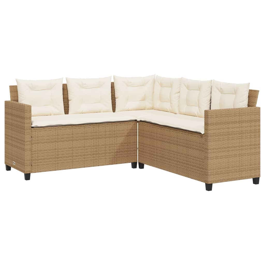 Beige Poly Rattan Garden Sofa with Table and Cushions L-Shaped